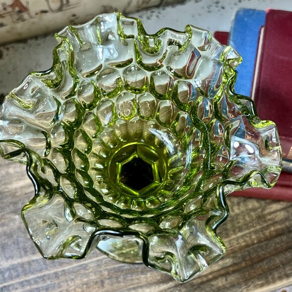 Fenton Thumbprint Colonial Green Double Crimp Designed Round Compote - Picture 5 of 7